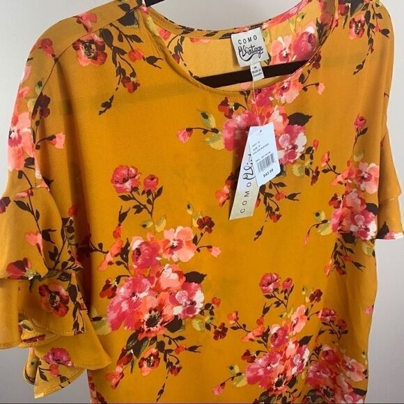 Come Vintage mustard floral top layered sleeve M (K1) - Picture 10 of 11